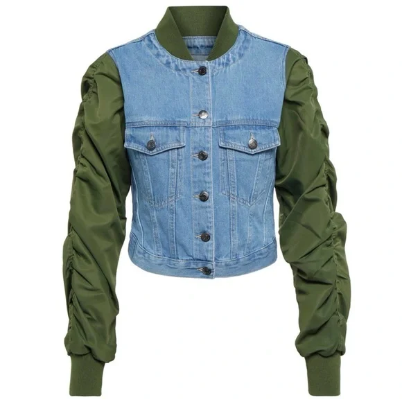 $498 NWOT Veronica Beard Emelia Denim Paneled Ruched Sleeves Bomber Jacket sz S